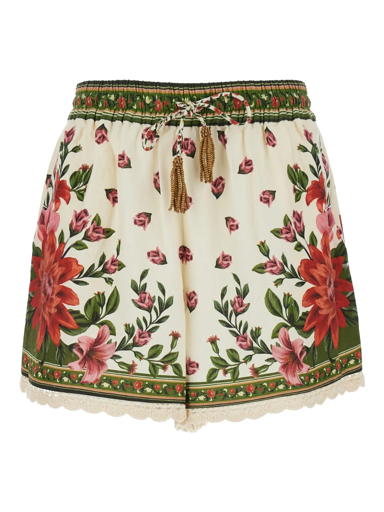 Wonder Multicolor Shorts with Drawstring Elastic Waist and All-Over Floral Print in Linen Blend Woman
