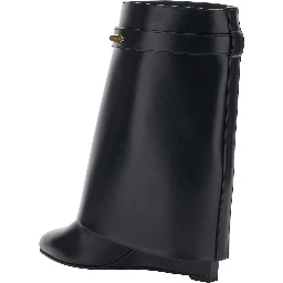 Black Wedge Heel Ankle Boots with Logo Plate on the Side in Leather for Women