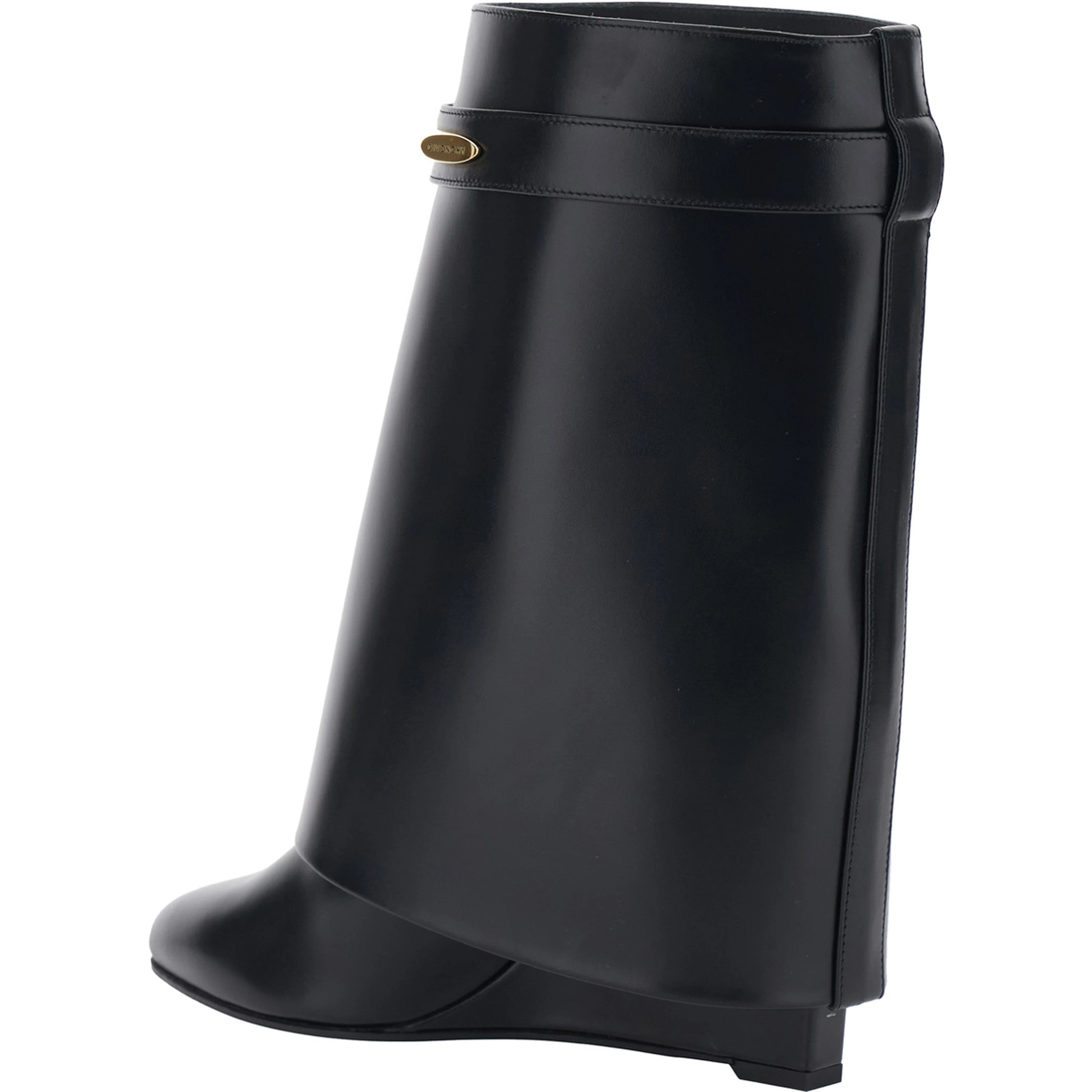 Black Wedge Heel Ankle Boots with Logo Plate on the Side in Leather for Women