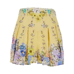 Multicolor Shorts with All-Over Floral Print and Crystal Embellishments in Linen and Silk Woman