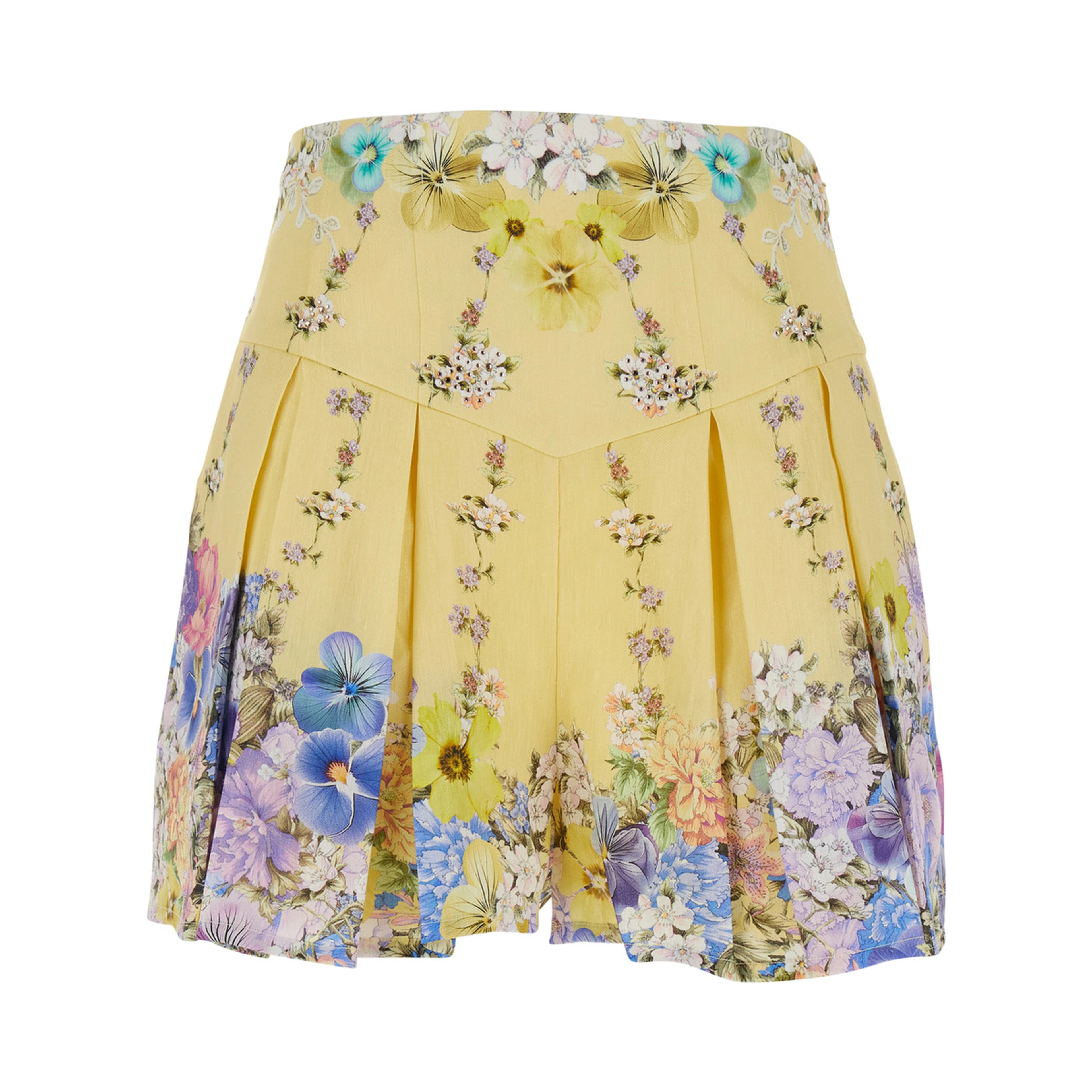Multicolor Shorts with All-Over Floral Print and Crystal Embellishments in Linen and Silk Woman