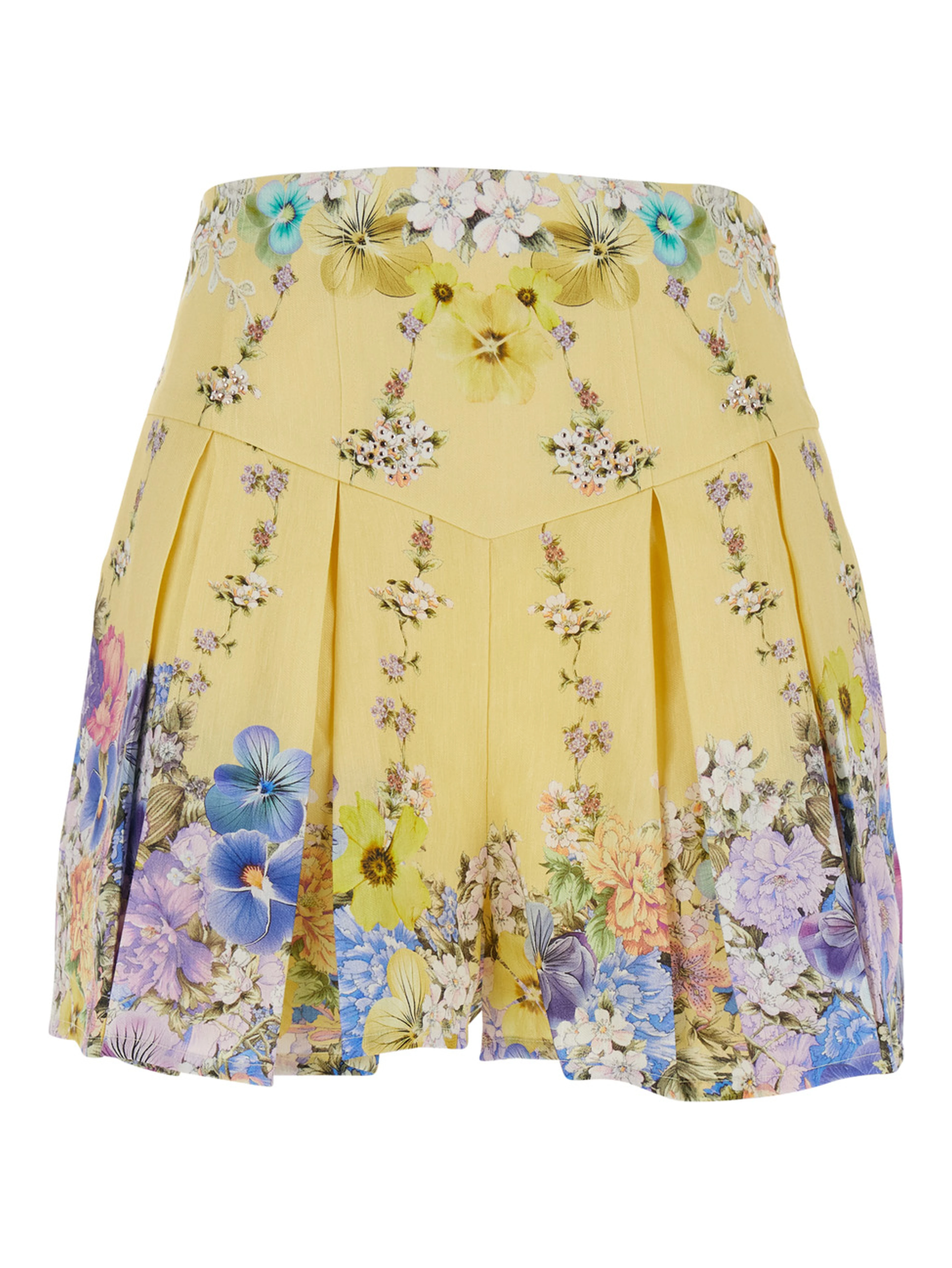 Multicolor Shorts with All-Over Floral Print and Crystal Embellishments in Linen and Silk Woman