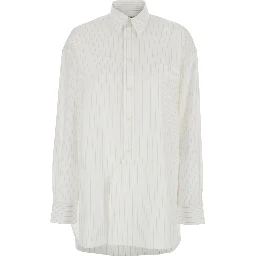 White Shirt with All-Over Stripe Motif and Asymmetrical Front Detail in Cotton Woman