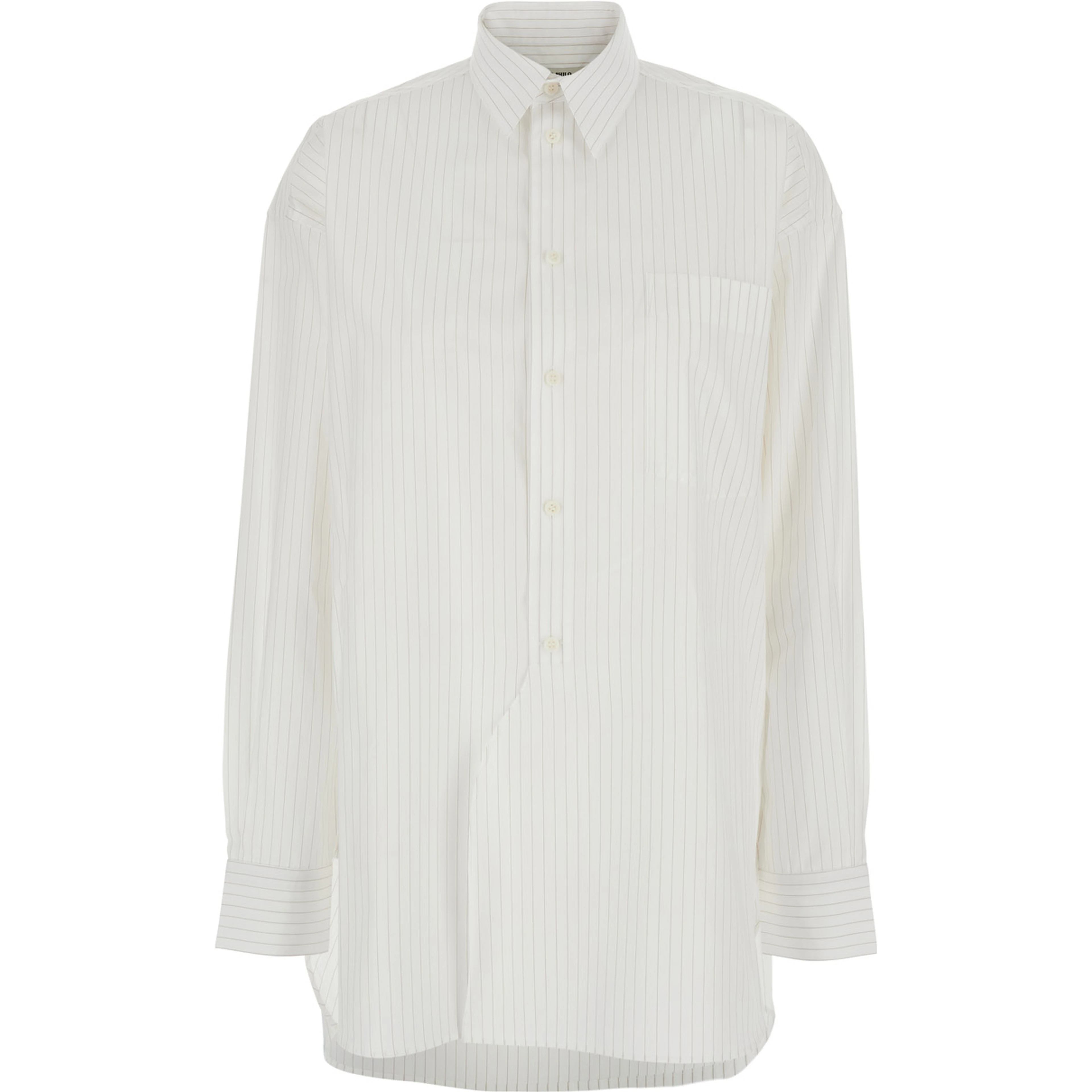 White Shirt with All-Over Stripe Motif and Asymmetrical Front Detail in Cotton Woman