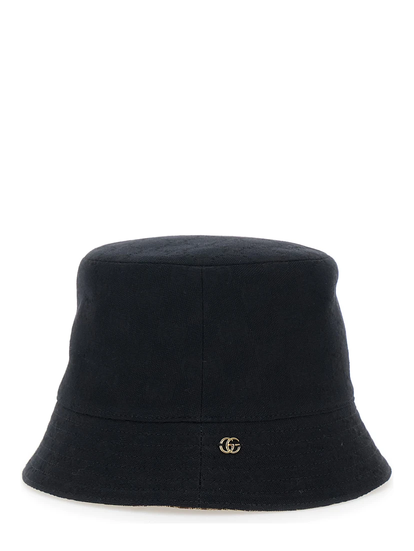 Black Hat with GG Logo Plate on the Front in Cotton for Women
