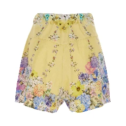 Multicolor Shorts with All-Over Floral Print and Crystal Embellishments in Linen and Silk Woman