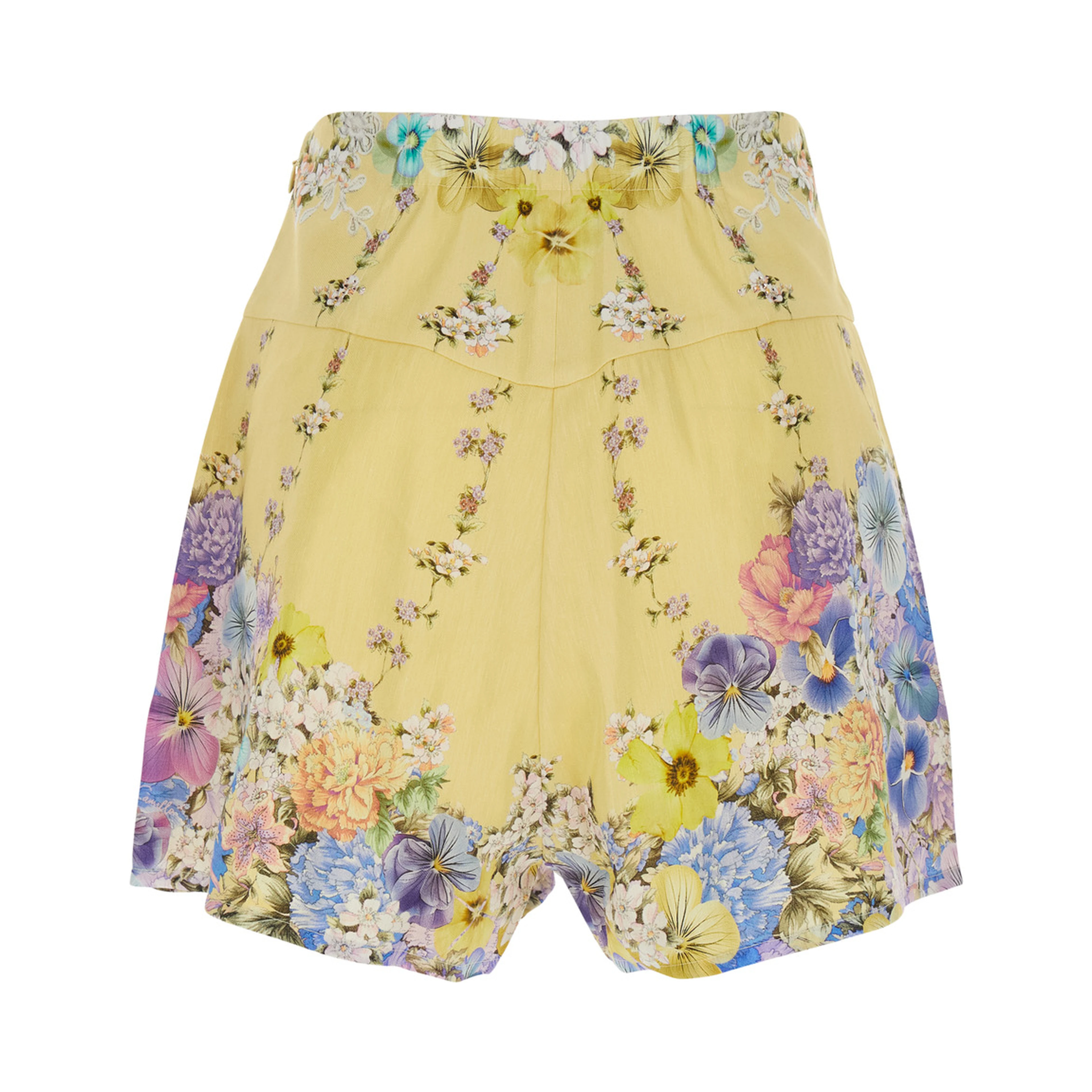 Multicolor Shorts with All-Over Floral Print and Crystal Embellishments in Linen and Silk Woman