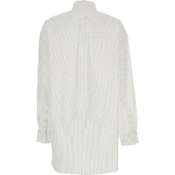 White Shirt with All-Over Stripe Motif and Asymmetrical Front Detail in Cotton Woman