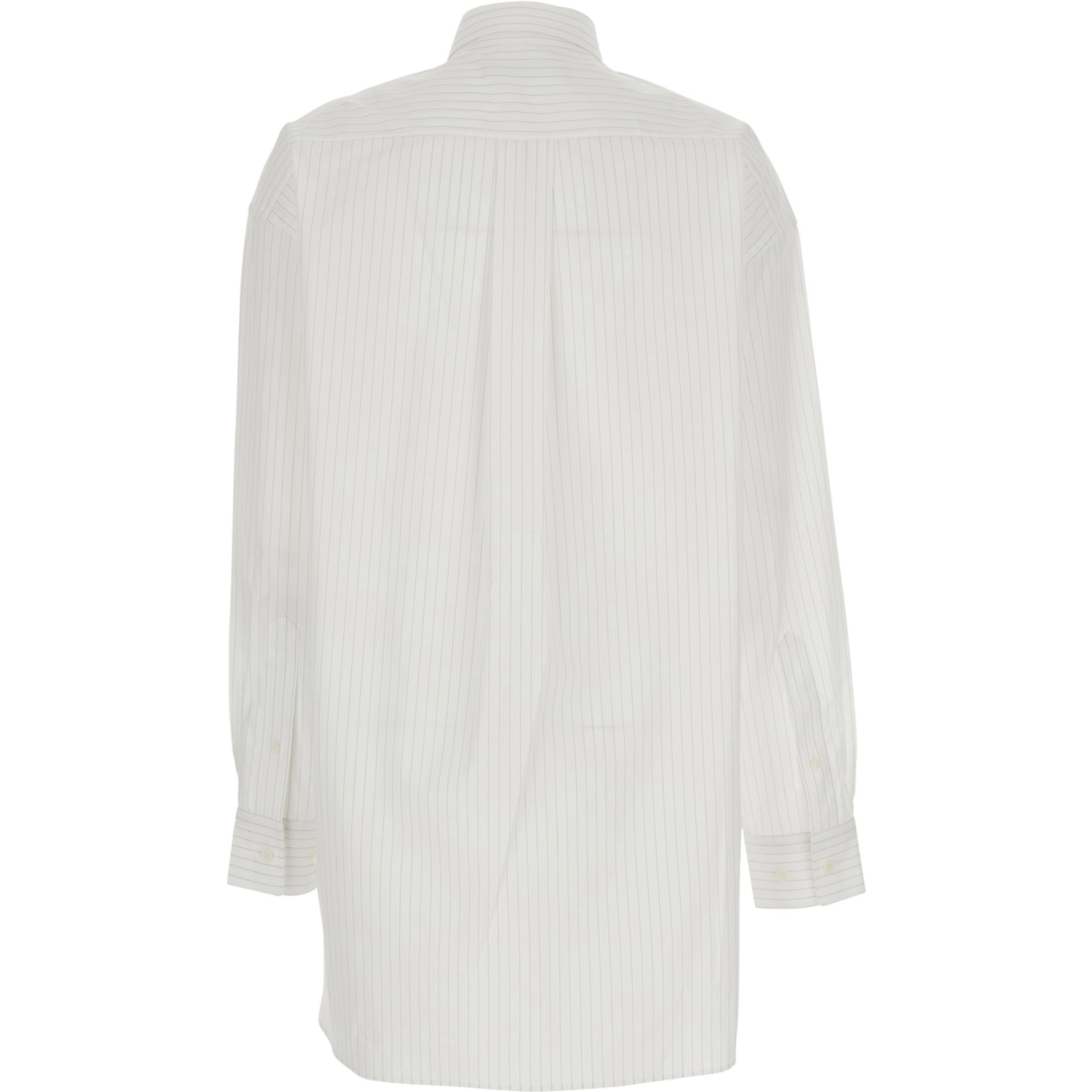 White Shirt with All-Over Stripe Motif and Asymmetrical Front Detail in Cotton Woman
