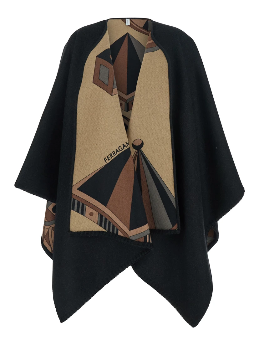 Black Reversible Cape with Nadir Print and Logo Lettering on the Front in Cashmere and Wool for Women