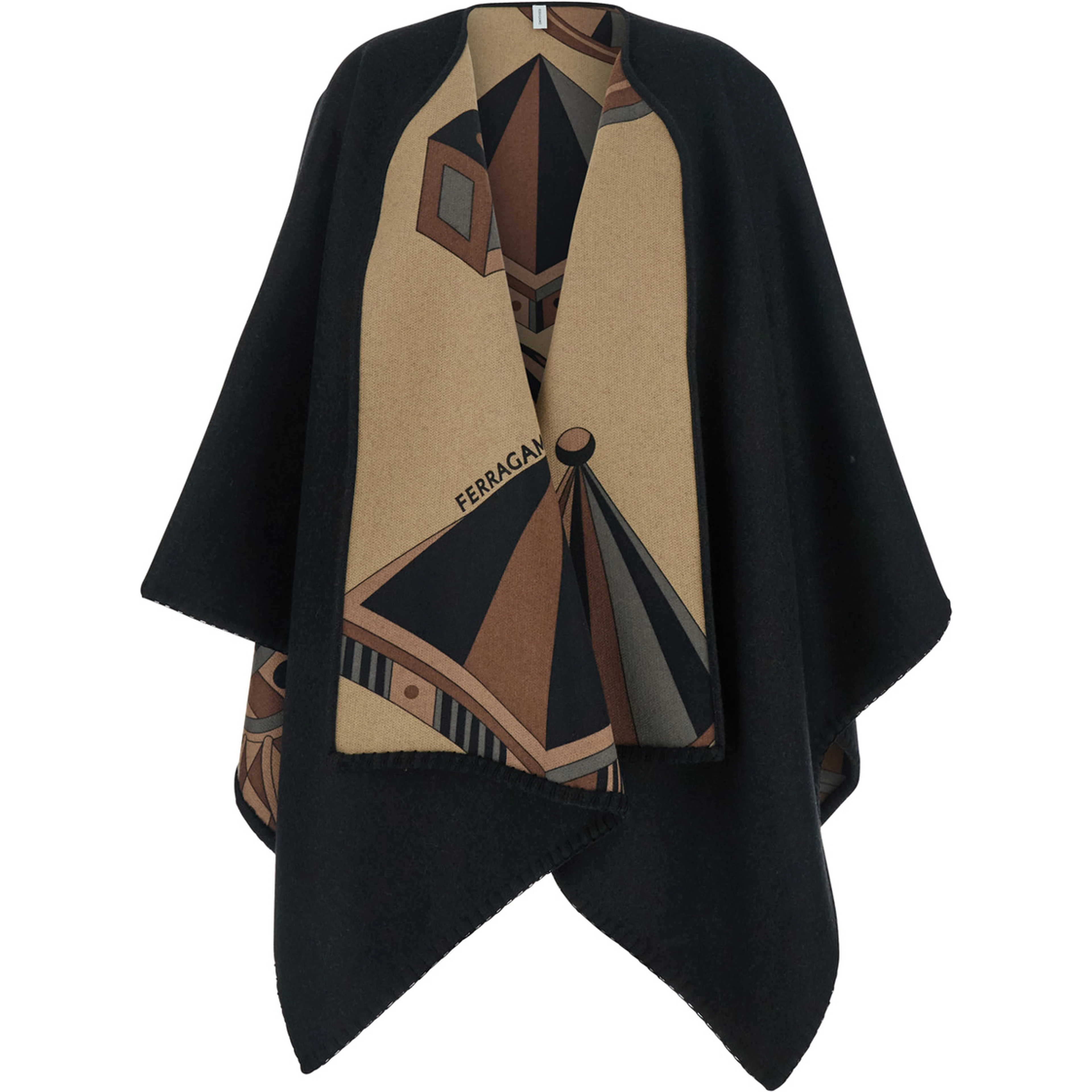 Black Reversible Cape with Nadir Print and Logo Lettering on the Front in Cashmere and Wool for Women