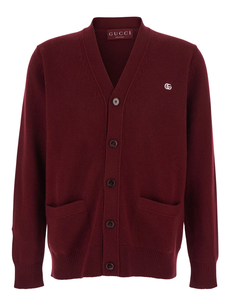 Bordeaux Cashmere Cardigan with V-Neck and GG Embroidery for Men