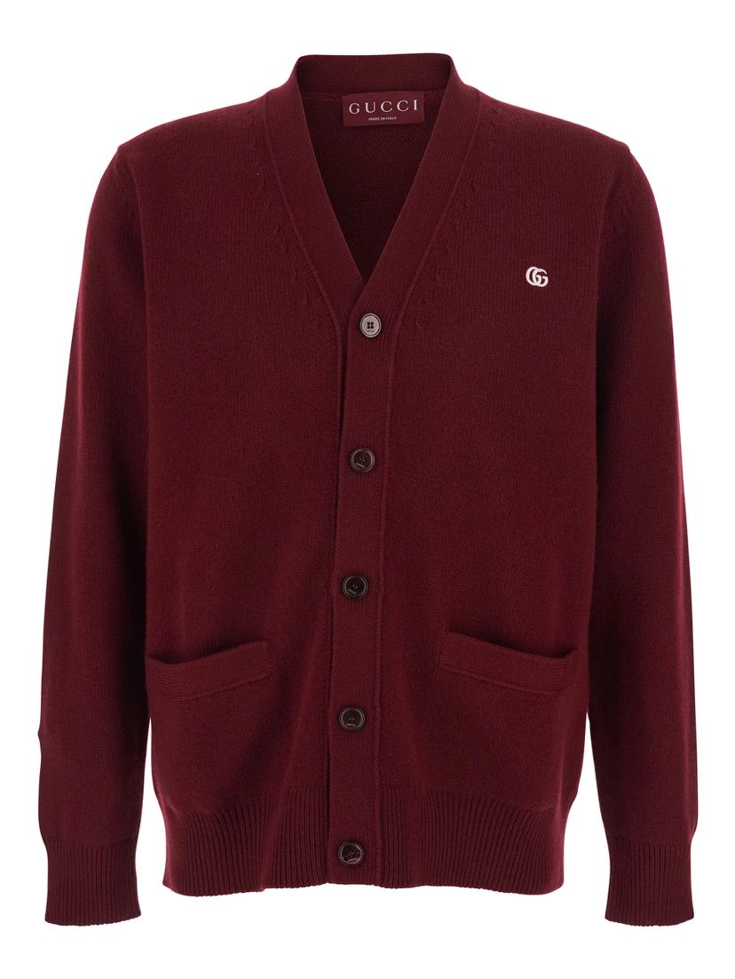 Bordeaux Cashmere Cardigan with V-Neck and GG Embroidery for Men