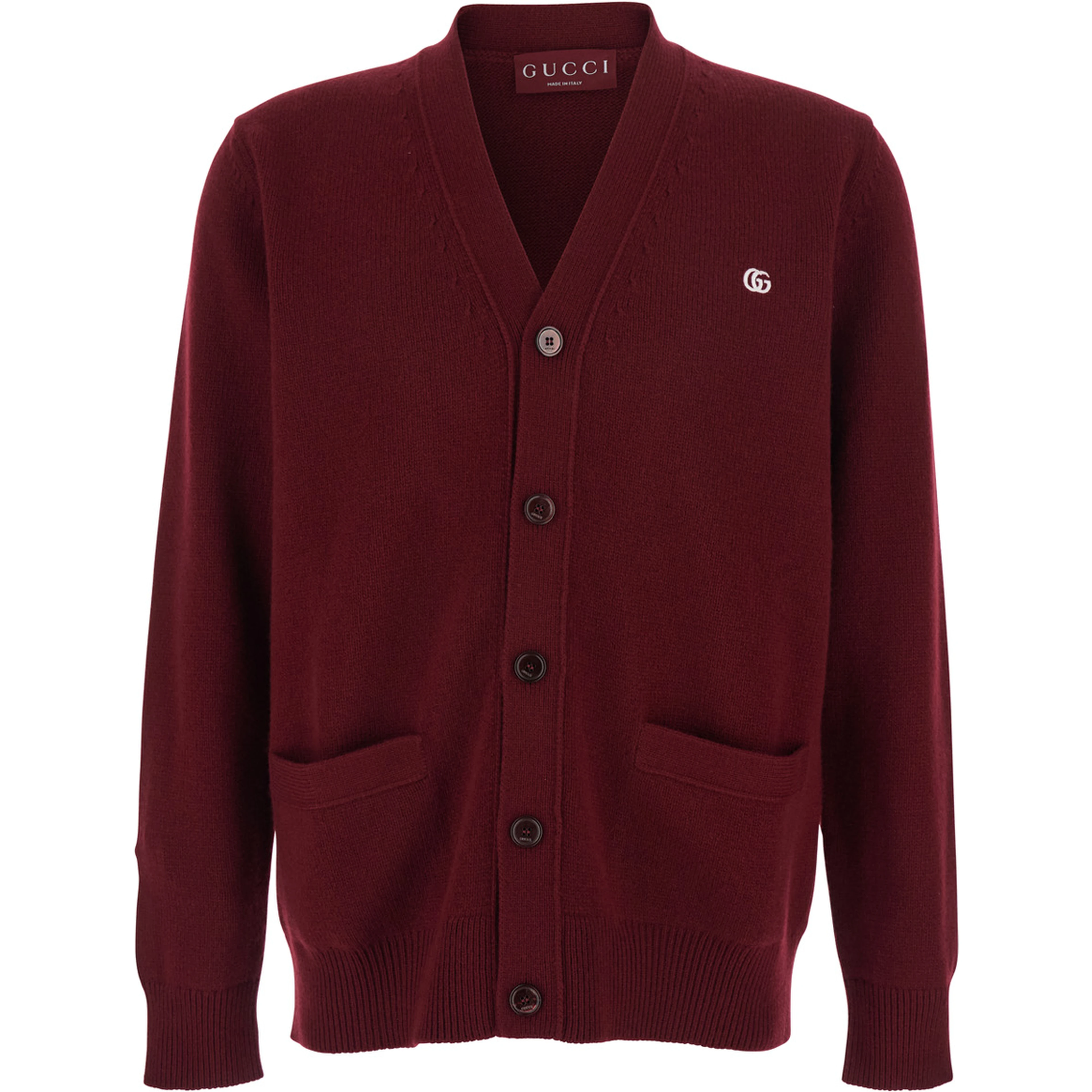 Bordeaux Cashmere Cardigan with V-Neck and GG Embroidery for Men