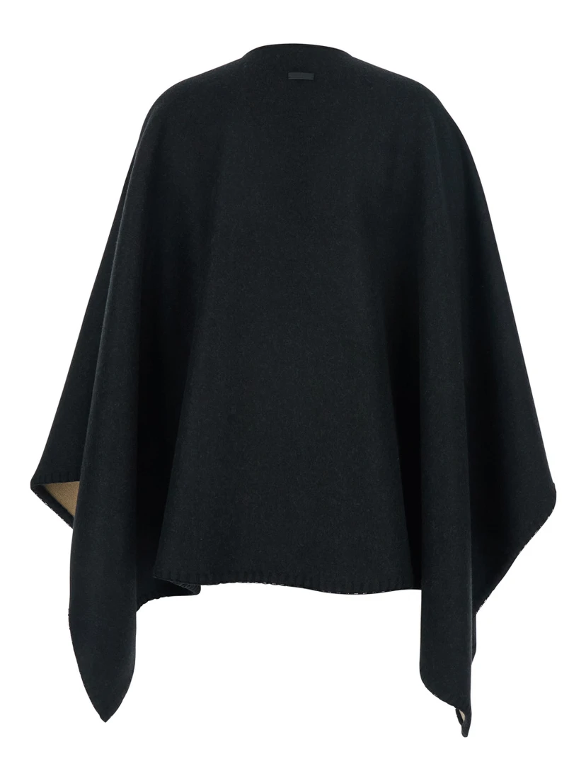 Black Reversible Cape with Nadir Print and Logo Lettering on the Front in Cashmere and Wool for Women