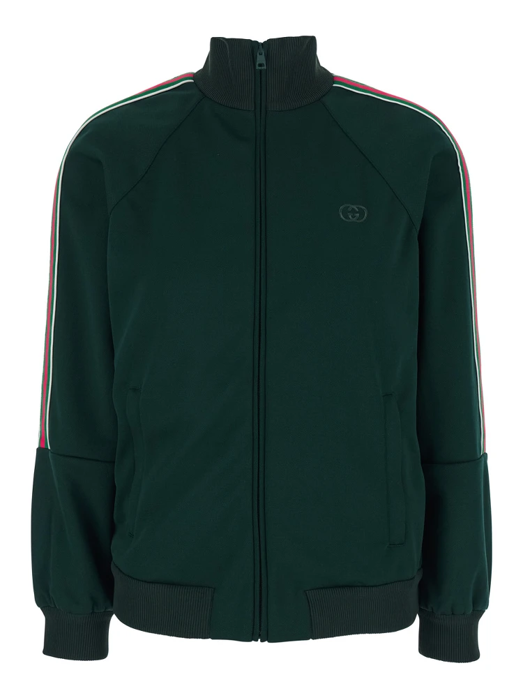 Green High Neck Sweatshirt with GG Embroidery on the Front and Web Motif on the Sleeves in Tech Fabric for Women