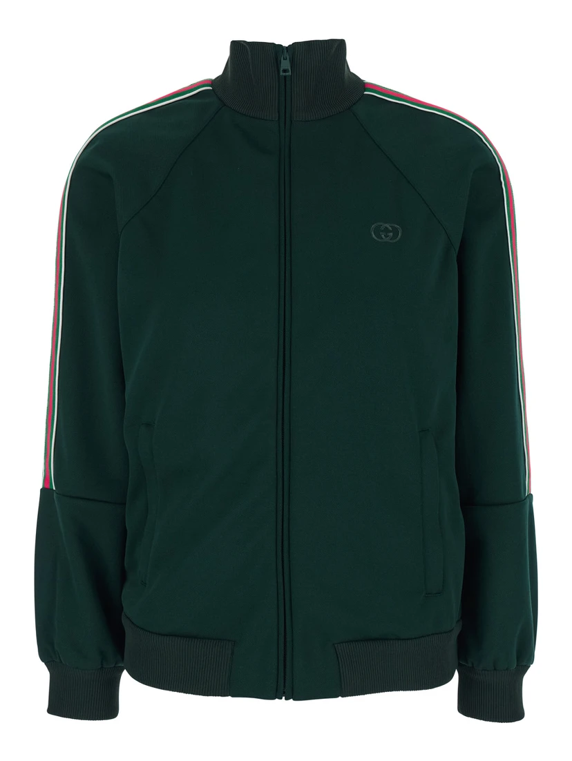 Green High Neck Sweatshirt with GG Embroidery on the Front and Web Motif on the Sleeves in Tech Fabric for Women