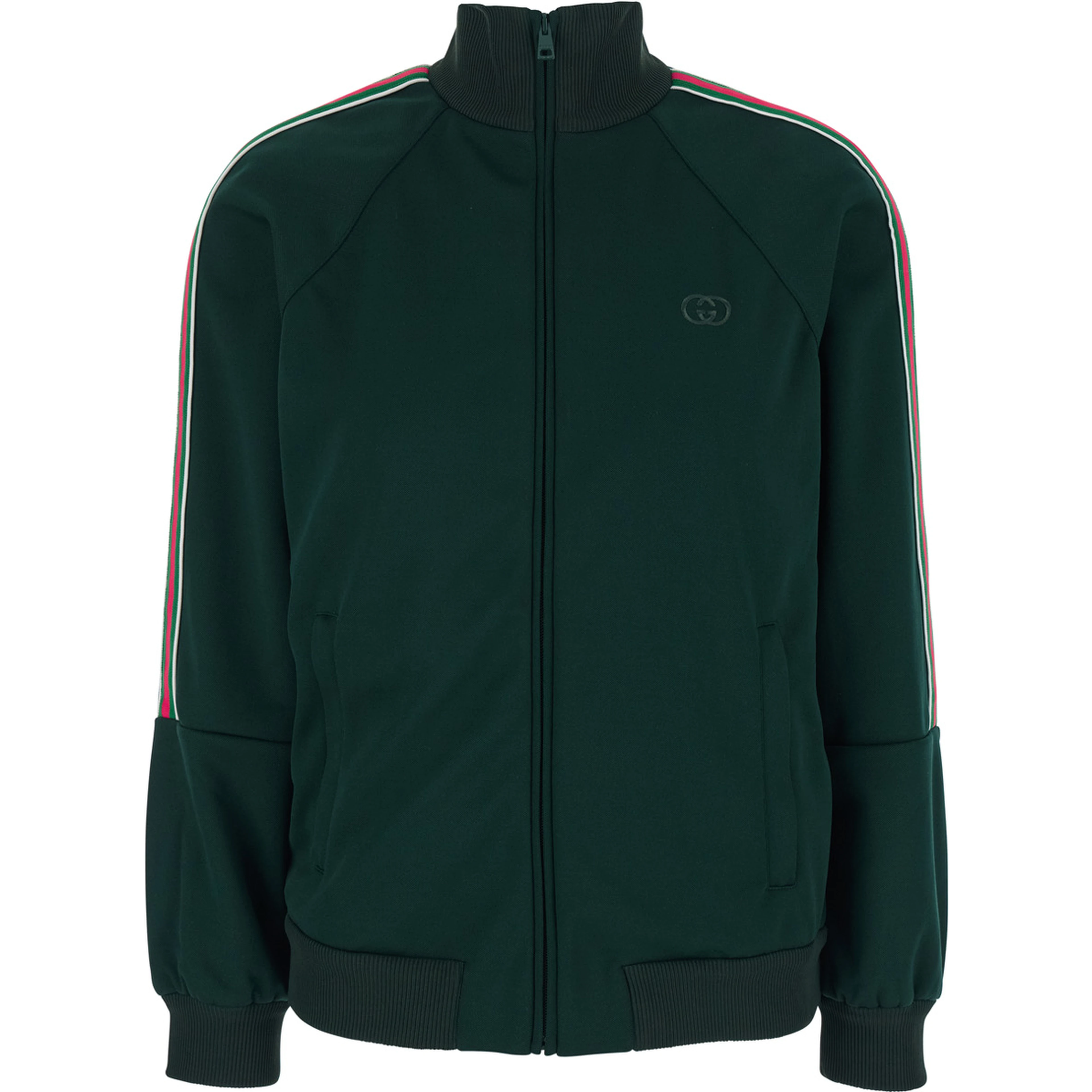 Green High Neck Sweatshirt with GG Embroidery on the Front and Web Motif on the Sleeves in Tech Fabric for Women