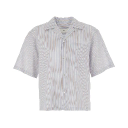 Beige Shirt with Open Collar and All-Over Striped Motif in Cotton for Men