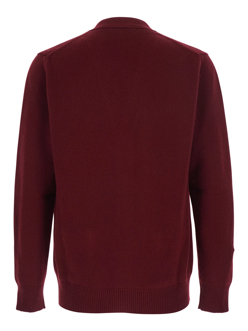 Bordeaux Cashmere Cardigan with V-Neck and GG Embroidery for Men
