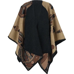 Black Reversible Cape with Nadir Print and Logo Lettering on the Front in Cashmere and Wool for Women