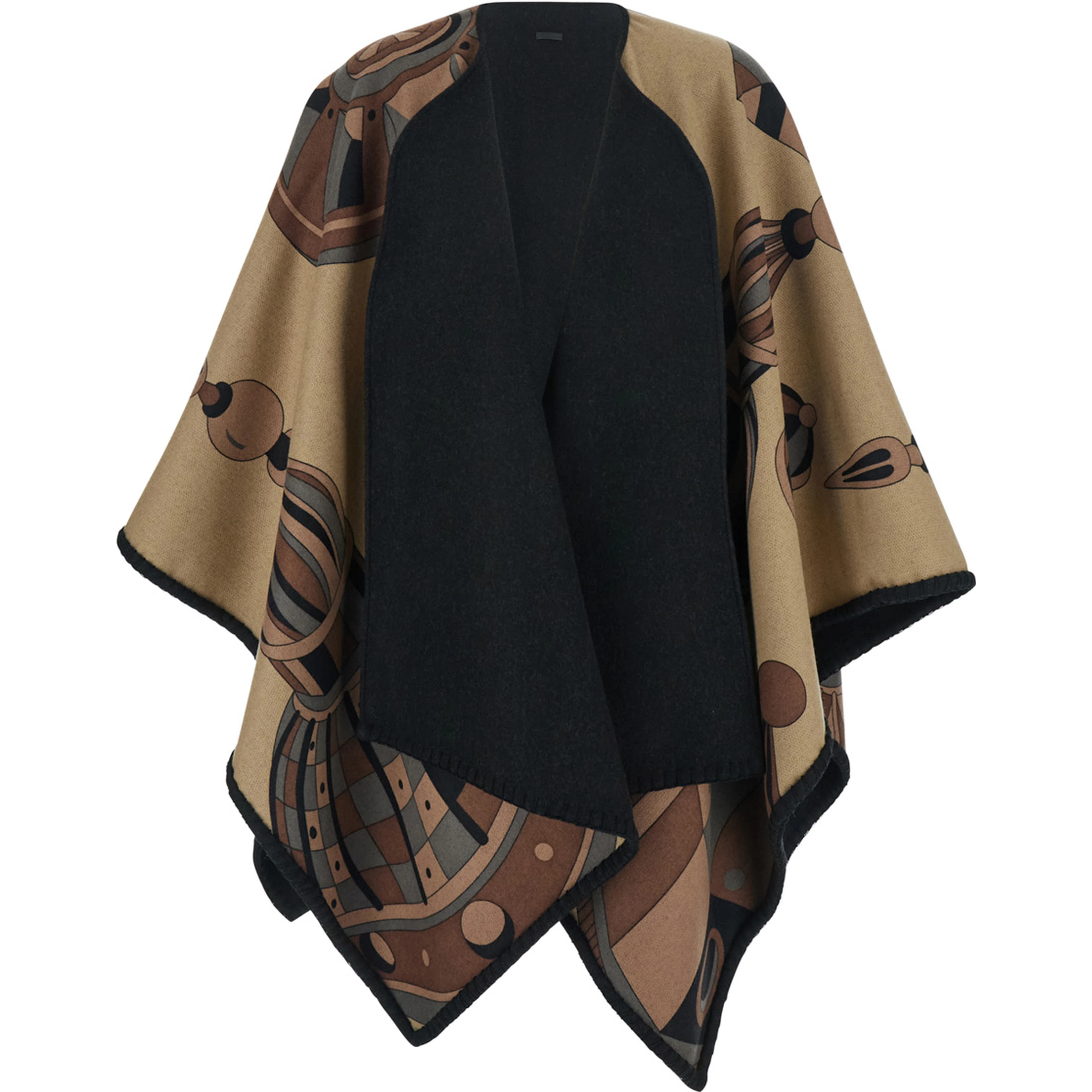 Black Reversible Cape with Nadir Print and Logo Lettering on the Front in Cashmere and Wool for Women