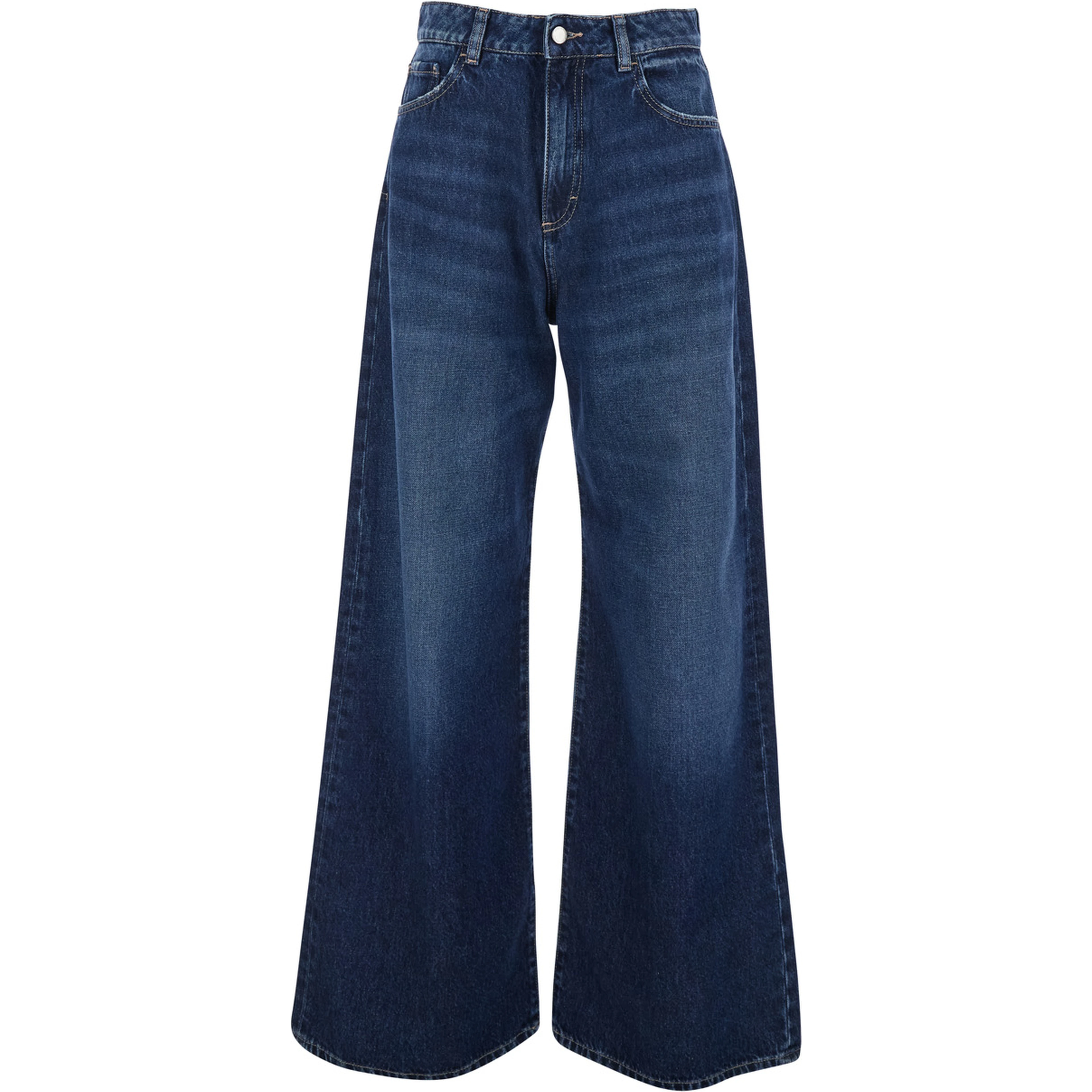 Blue Jeans with Wide Leg and Logo Patch on the Rear in Denim Woman