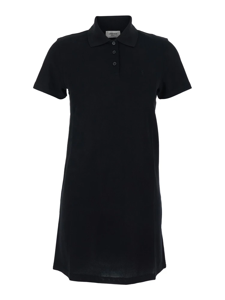 Black Cotton Embroidered Pique Polo Dress