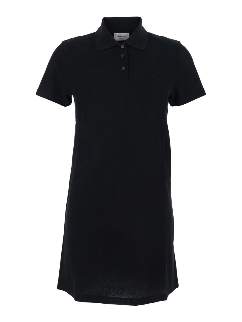 Black Cotton Embroidered Pique Polo Dress