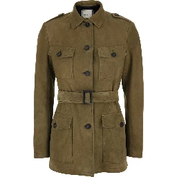 Single-breasted jacket with classic collar and green leather belt for women