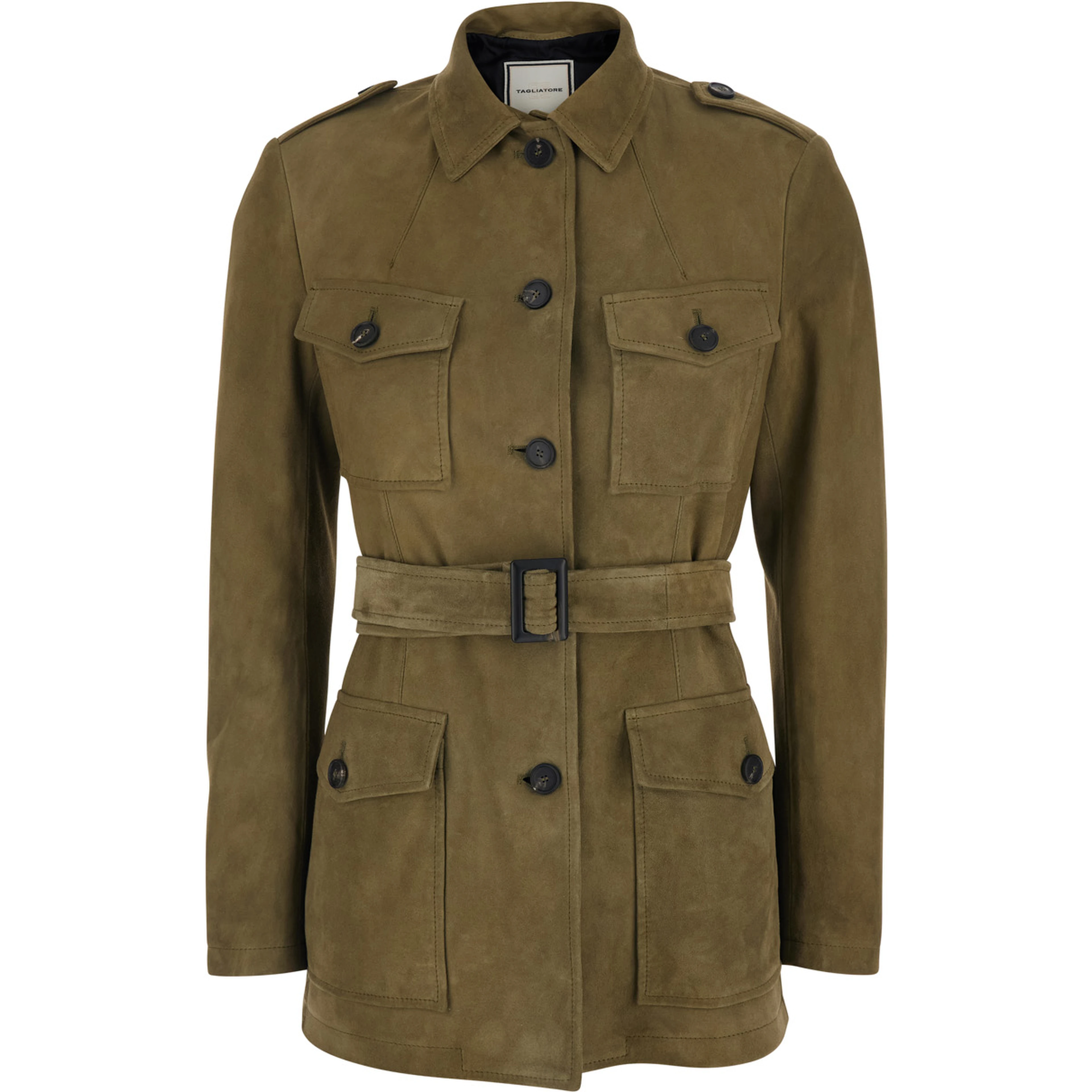 Single-breasted jacket with classic collar and green leather belt for women