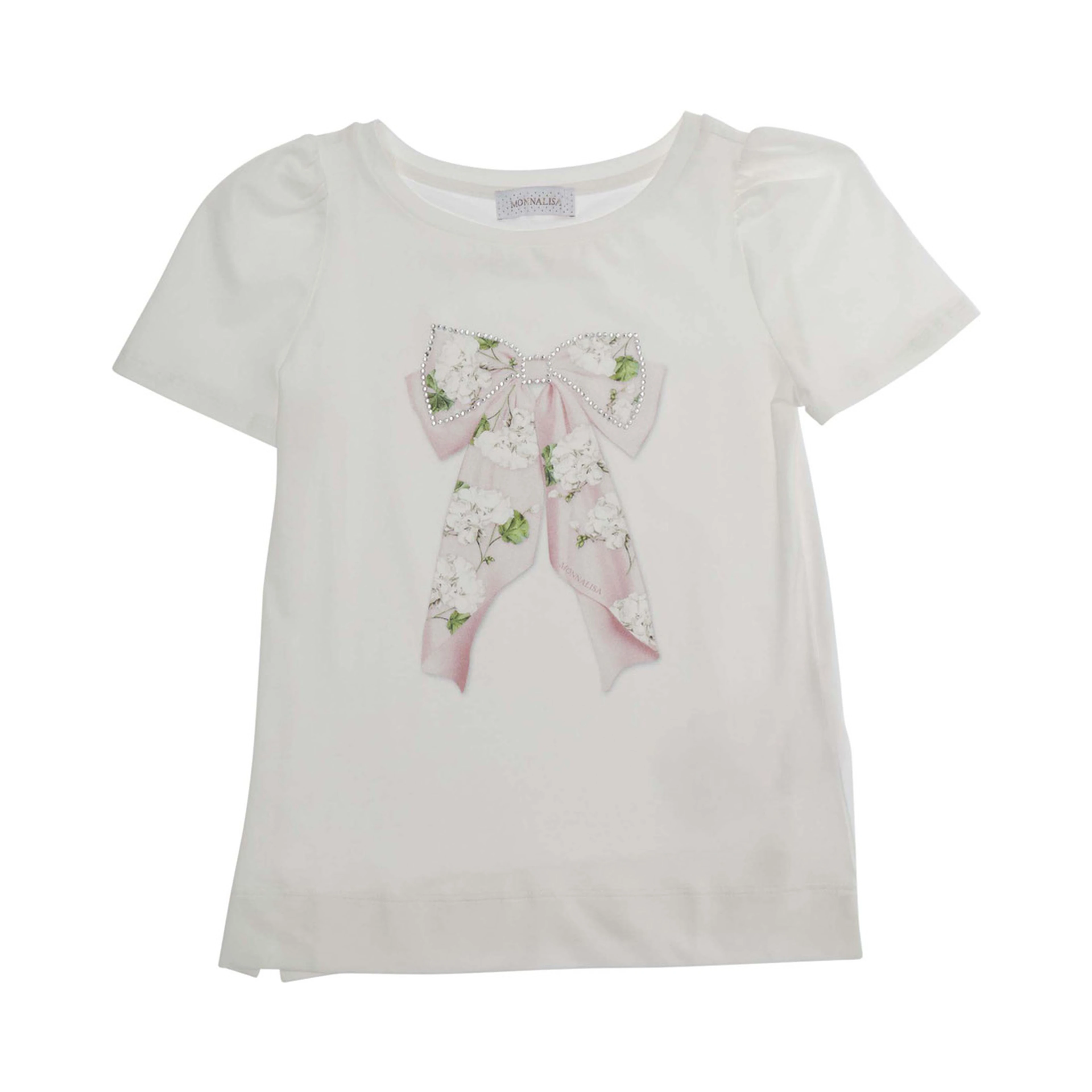 White Stretch Cotton Crew Neck T-Shirt with Rhinestone Decoration for Girls