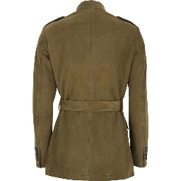 Single-breasted jacket with classic collar and green leather belt for women