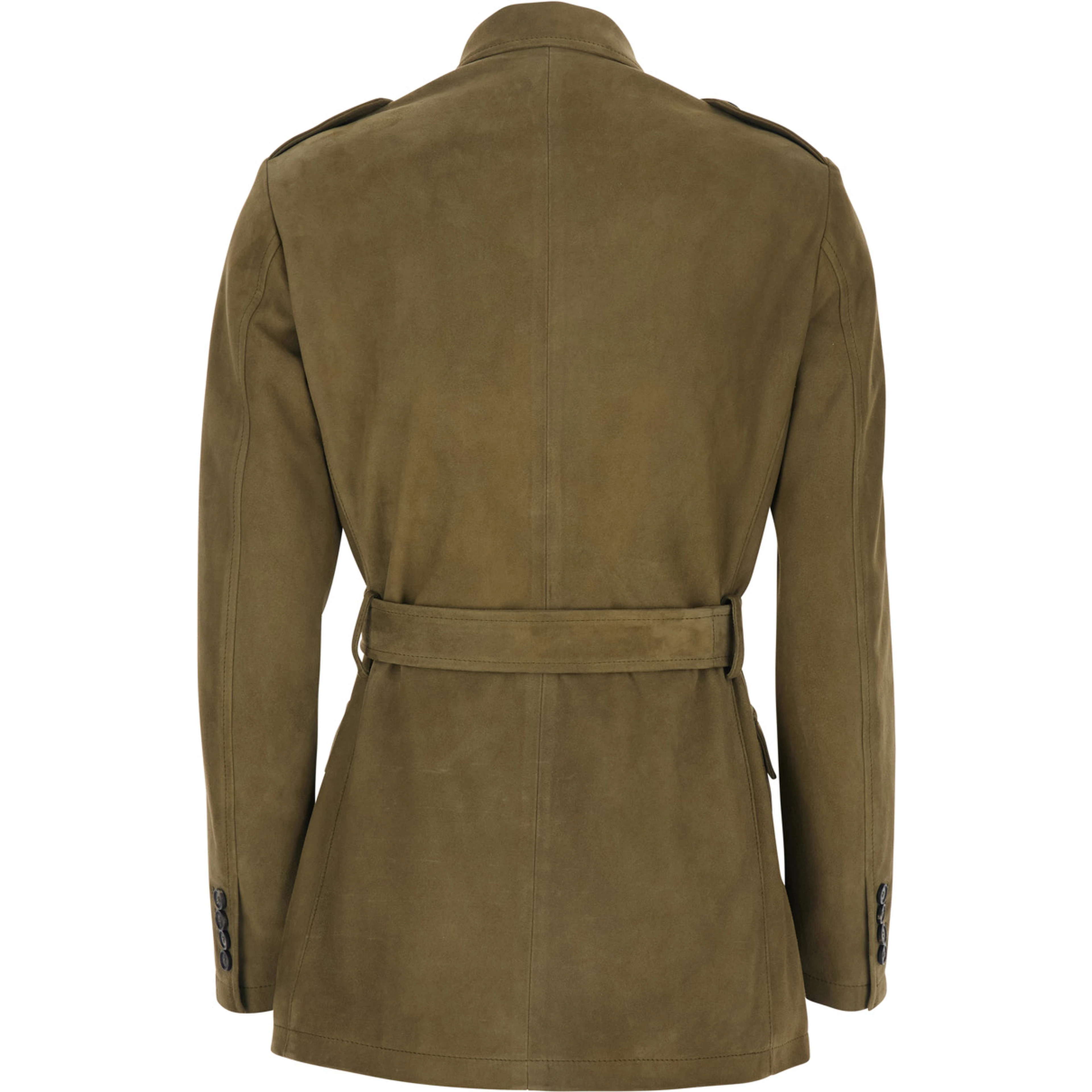Single-breasted jacket with classic collar and green leather belt for women