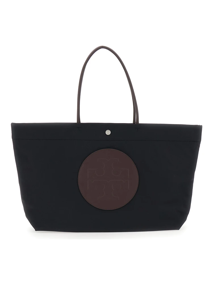 Ella Twist Tote Bag with Two Top Handles and Logo on Front in Black Ecoleather for Women