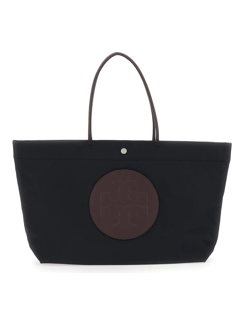 Ella Twist Tote Bag with Two Top Handles and Logo on Front in Black Ecoleather for Women