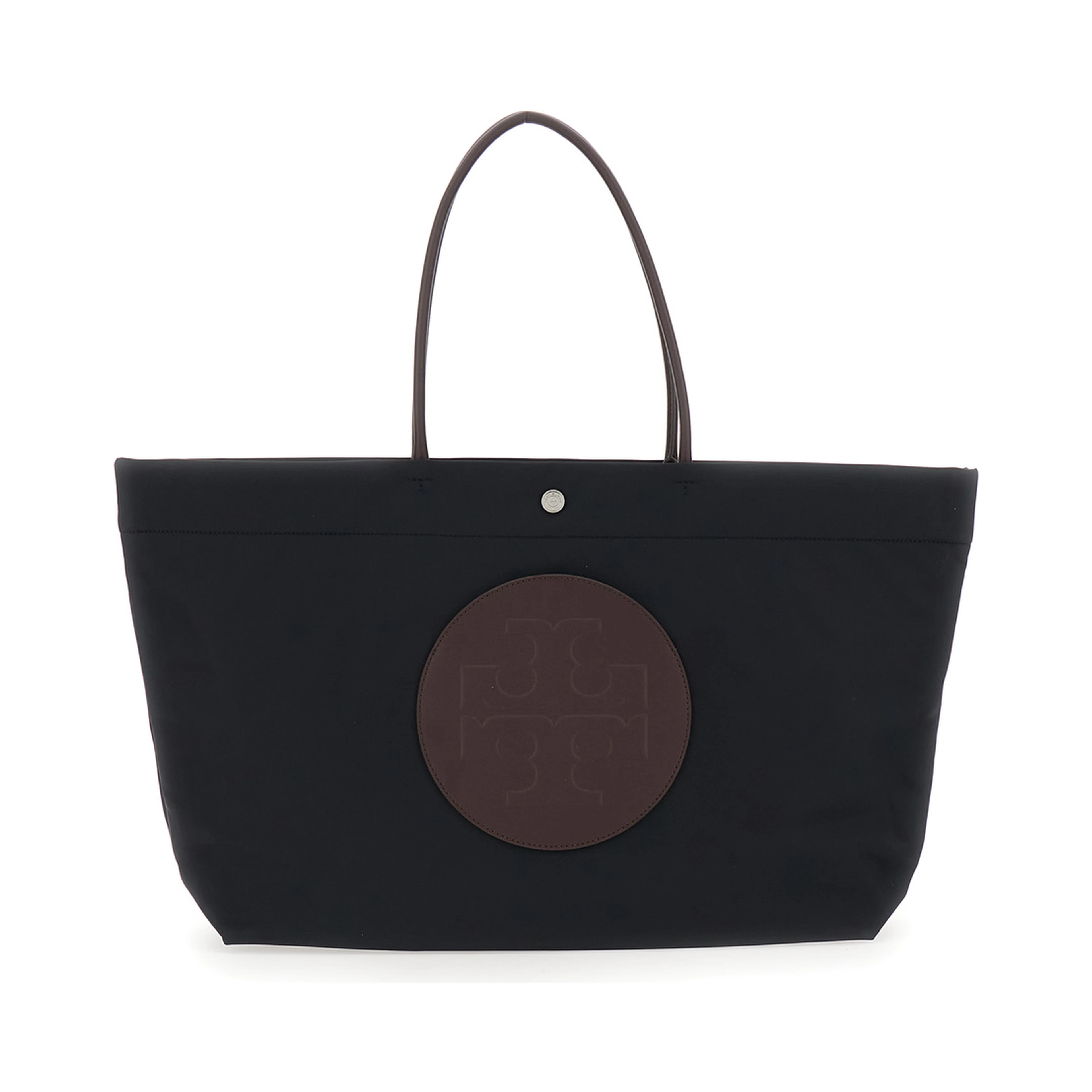 Ella Twist Tote Bag with Two Top Handles and Logo on Front in Black Ecoleather for Women