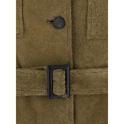 Single-breasted jacket with classic collar and green leather belt for women