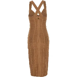 Beige Sleeveless Sheath Dress with Zip Closure on the Back and 3D Effect in Viscose Blend for Women