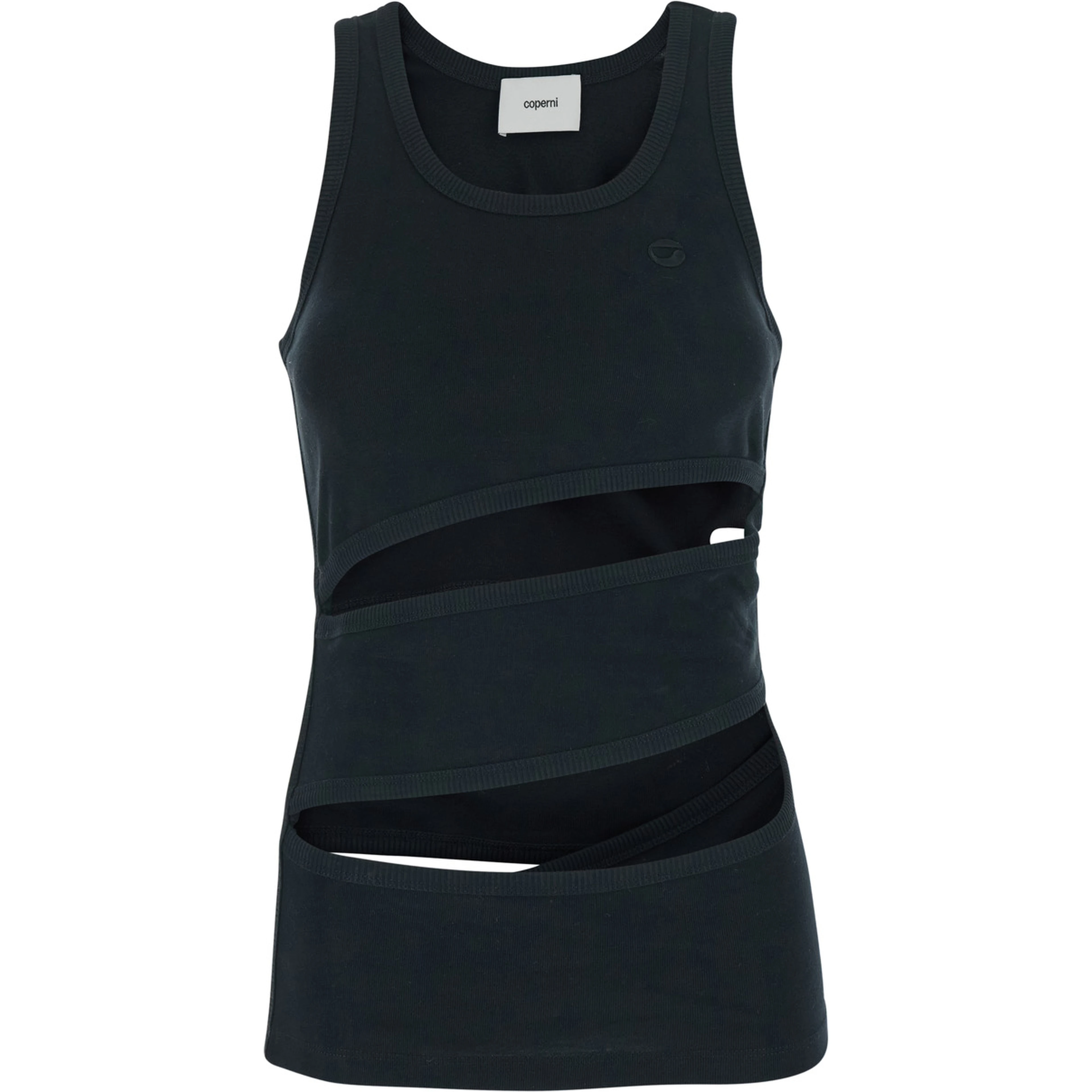 Sleeveless Top with Spiral Cut-Out Design and Logo Embroidery on the Front in Black Cotton for Women