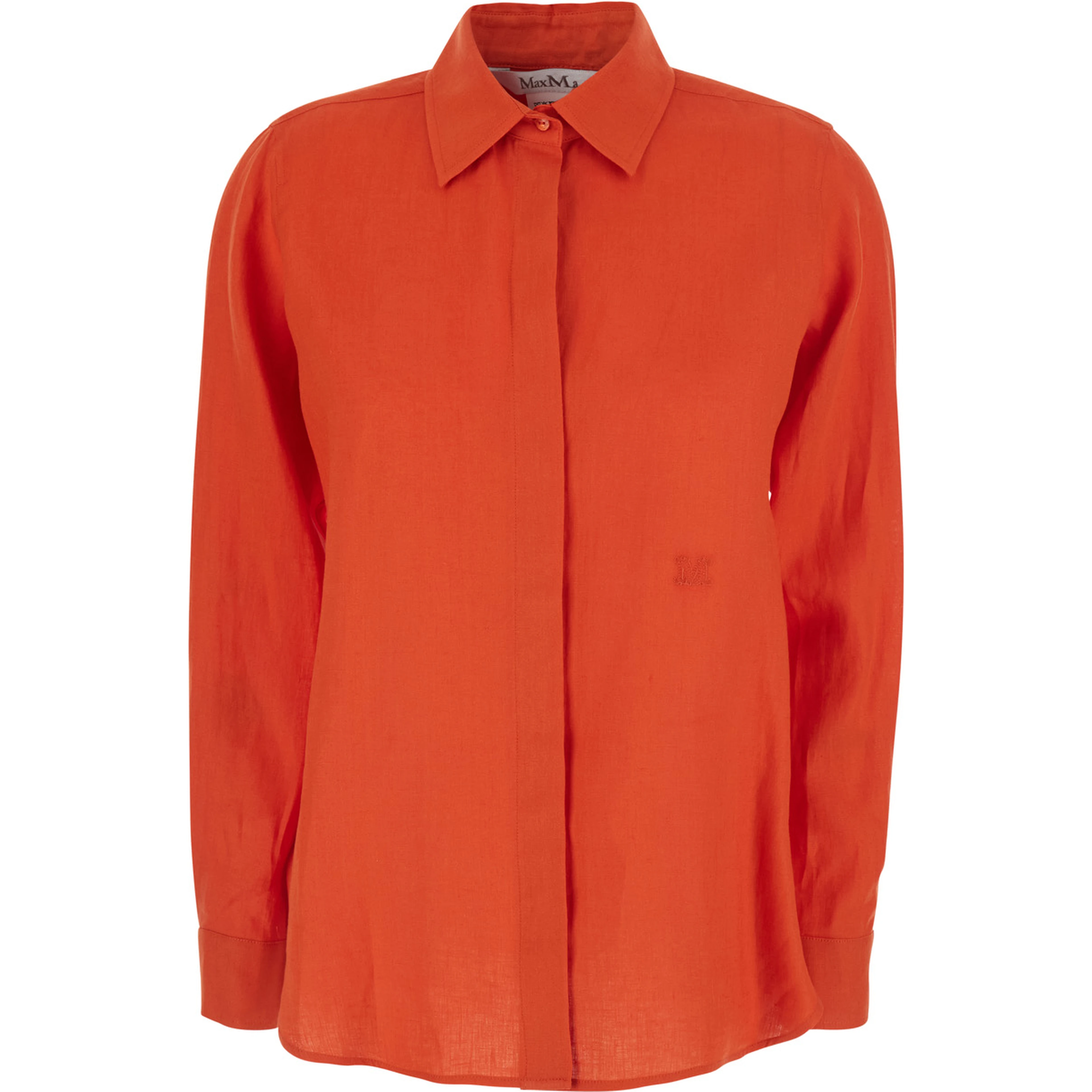 Red Shirt with classic collar and tone-on-tone logo embroidery in linen for women