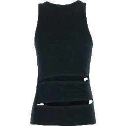 Sleeveless Top with Spiral Cut-Out Design and Logo Embroidery on the Front in Black Cotton for Women