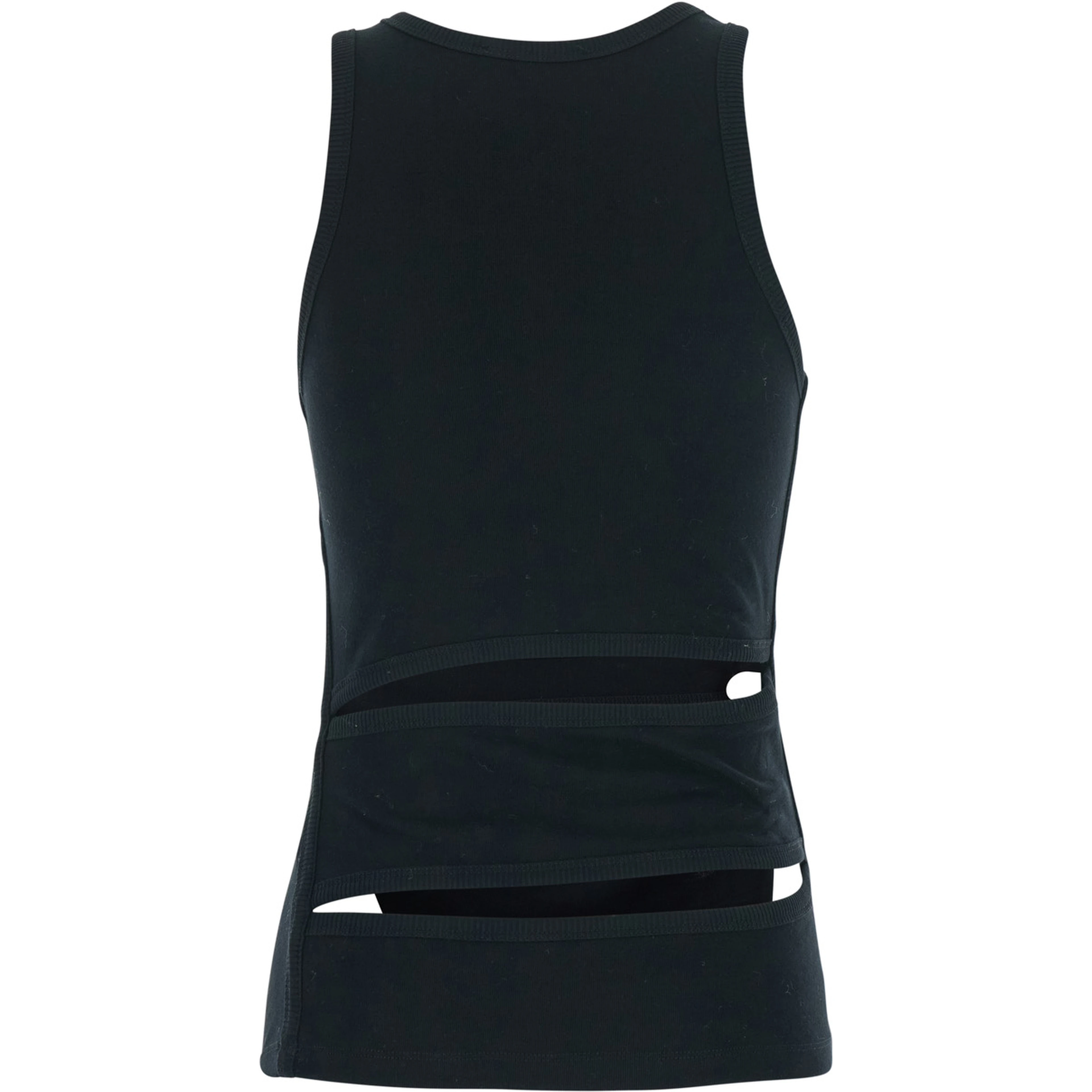Sleeveless Top with Spiral Cut-Out Design and Logo Embroidery on the Front in Black Cotton for Women