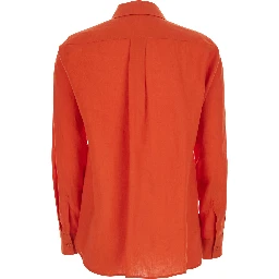 Red Shirt with classic collar and tone-on-tone logo embroidery in linen for women