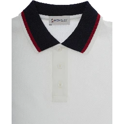 White Polo with Contrast Collar and Logo Patch on Sleeve in Stretch Cotton Baby
