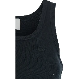 Sleeveless Top with Spiral Cut-Out Design and Logo Embroidery on the Front in Black Cotton for Women