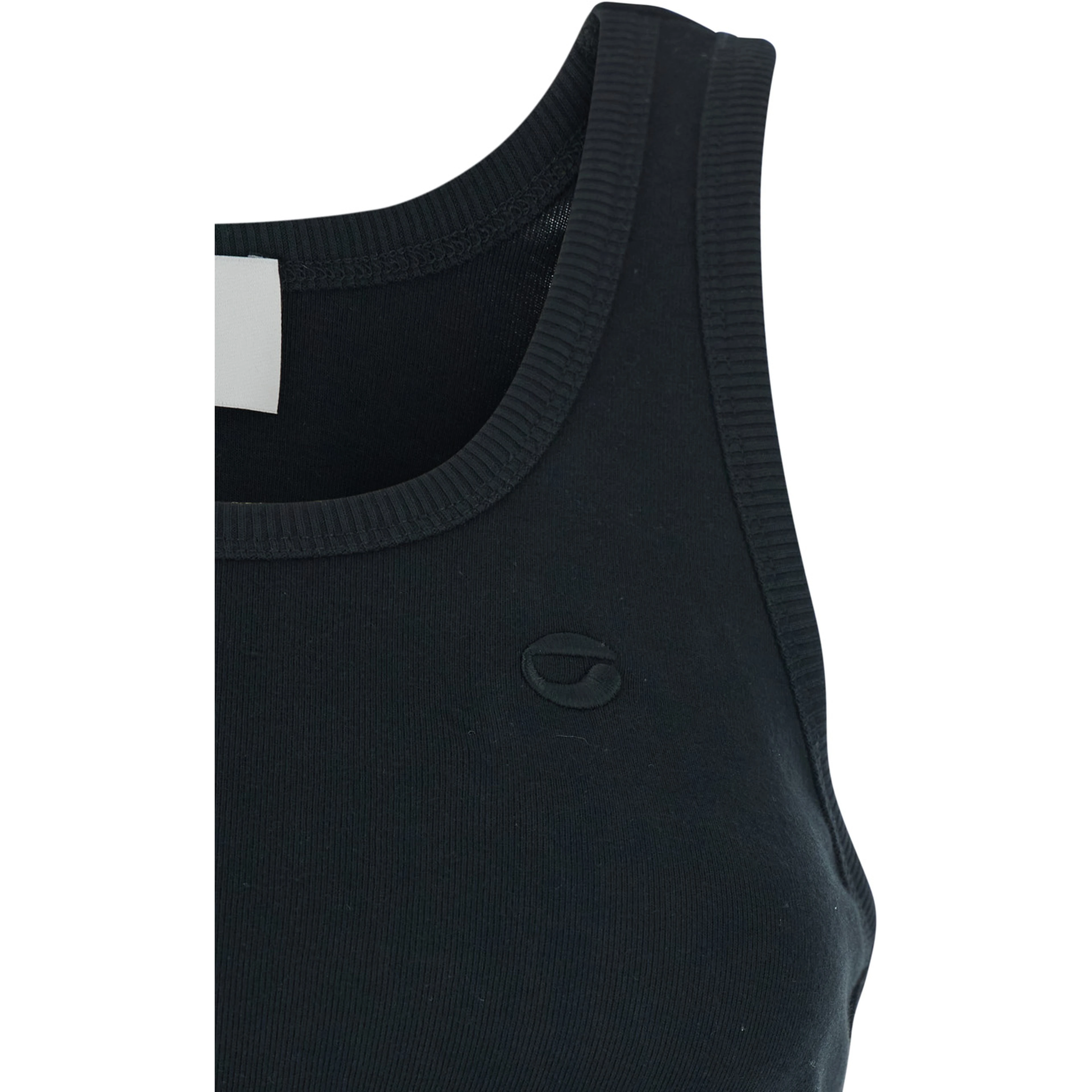Sleeveless Top with Spiral Cut-Out Design and Logo Embroidery on the Front in Black Cotton for Women