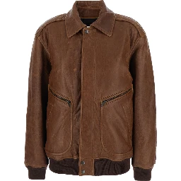 Brown Leather Bomber Jacket  with Classic Collar for Women