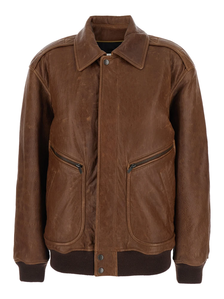 Brown Leather Bomber Jacket  with Classic Collar for Women