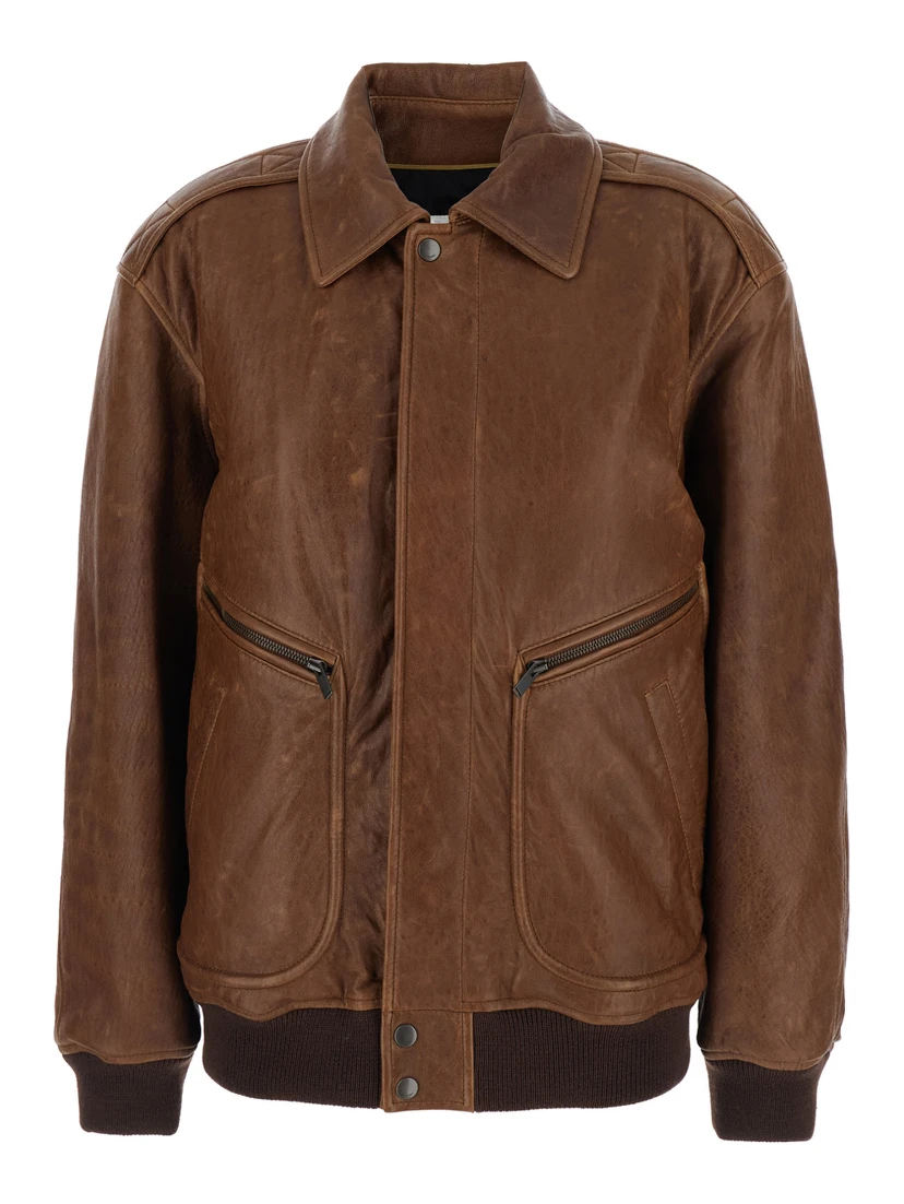 Brown Leather Bomber Jacket  with Classic Collar for Women
